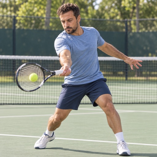 Daniel Brooks watching the ball as he plays a forehand on a tennis court