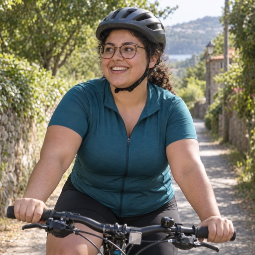 Lucía Moreno wearing glasses while cycling along a leafy lane