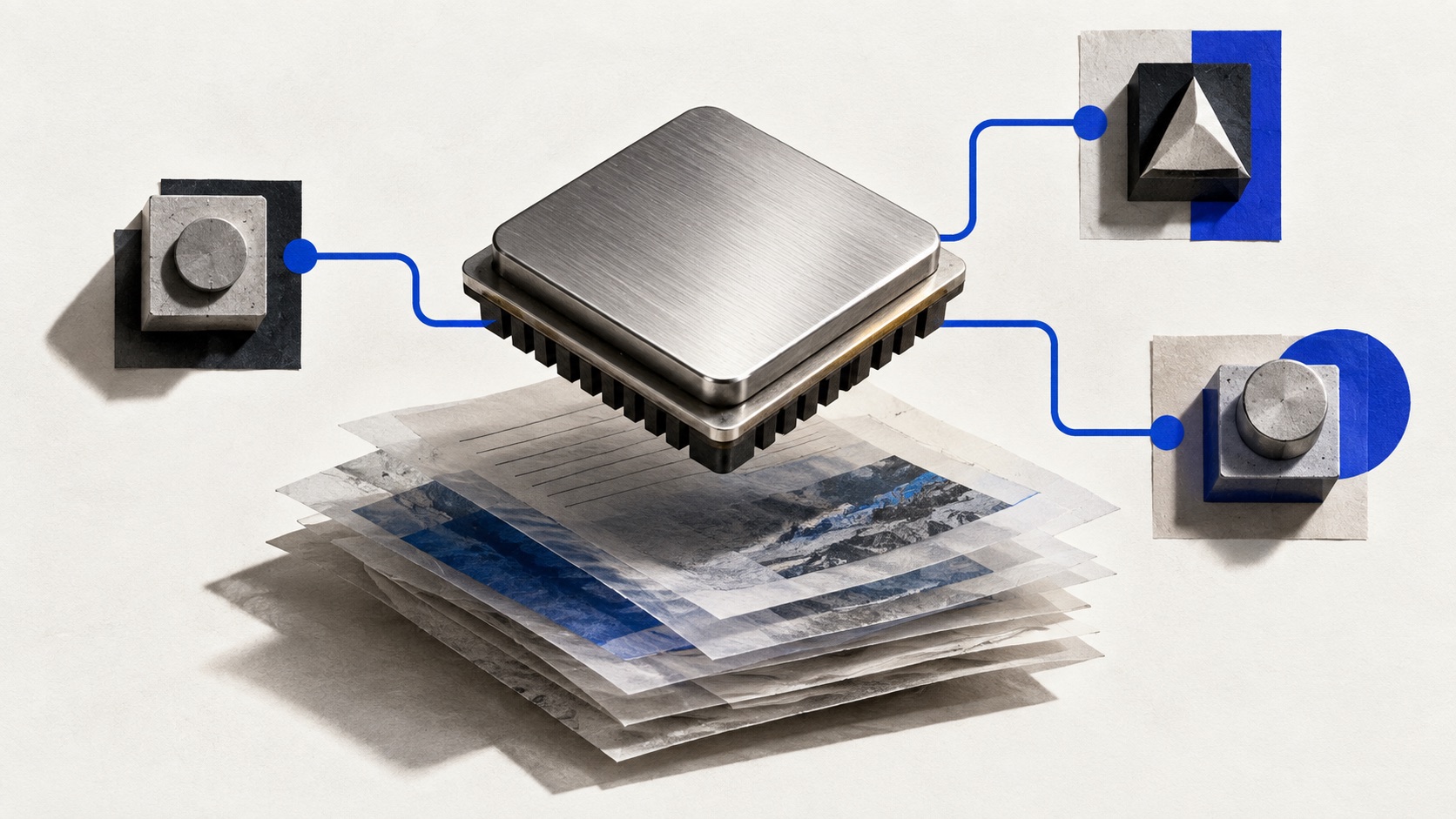 Processor and paper documents connected by a blue routing line