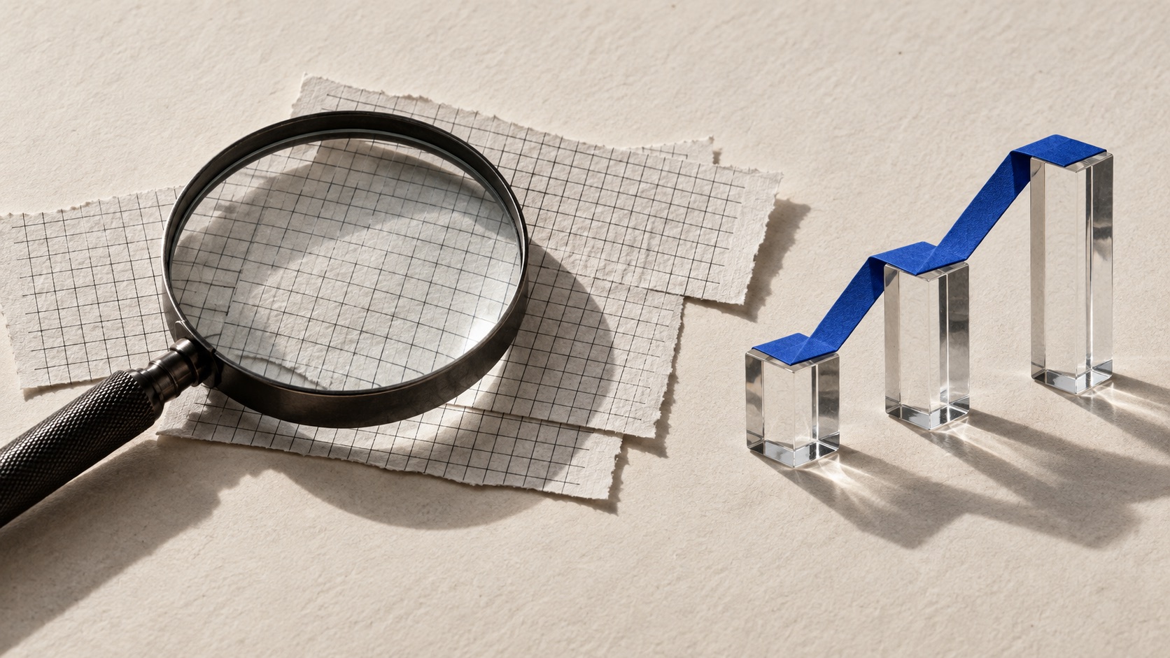 Magnifying glass over graph paper beside three glass columns and a blue ribbon