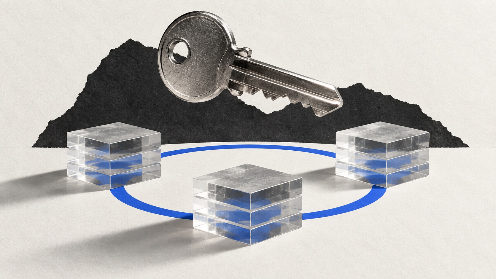 Metal key beside a stack of transparent blocks
